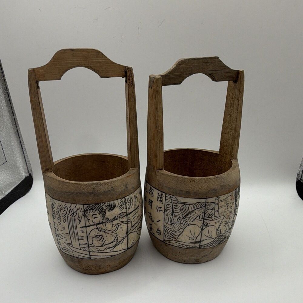 Antique Chinese Scrimshaw Water Buckets, a pair
